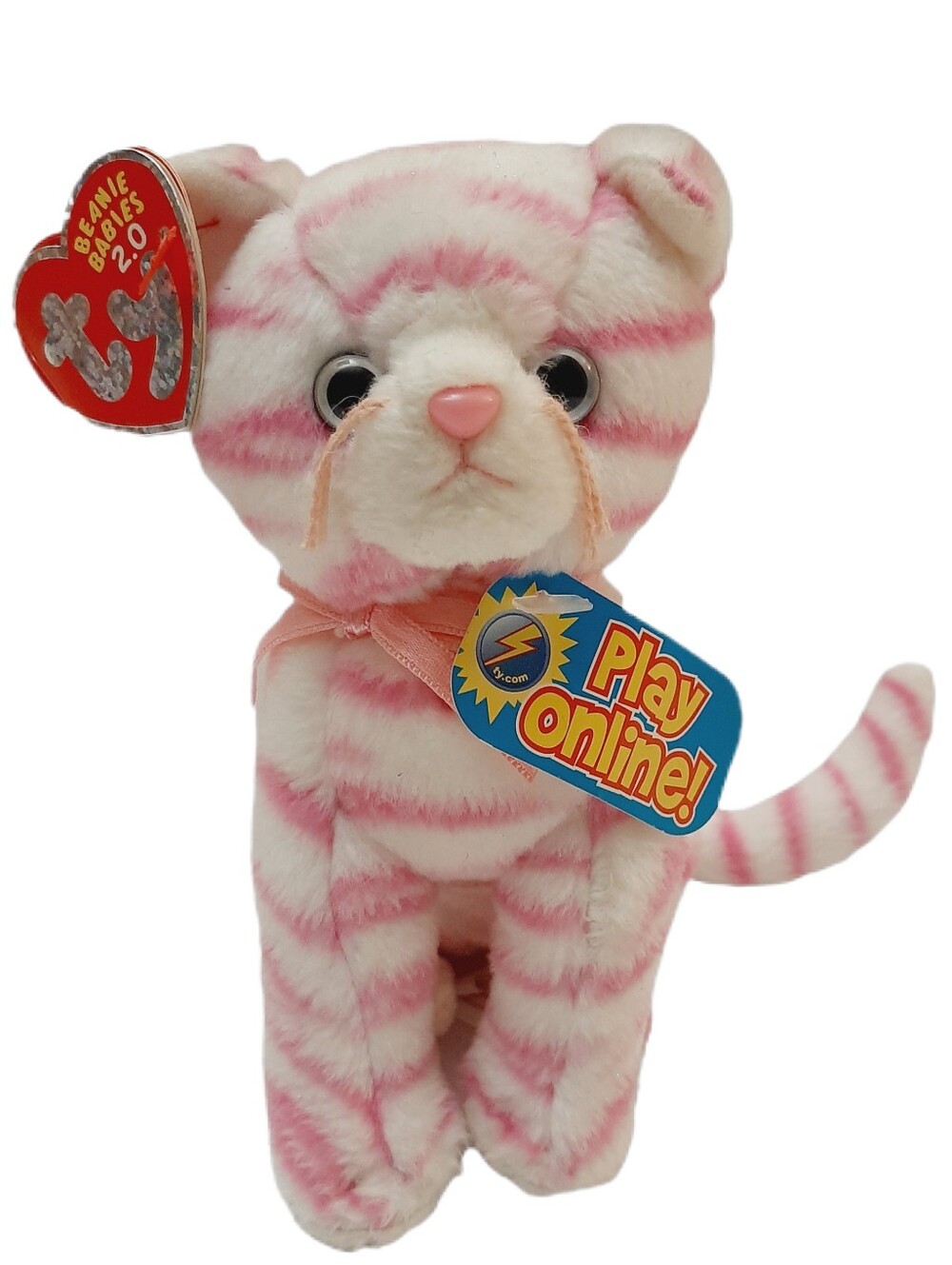🍒 NWT Vintage Ty Beanie Babies 2.0 Purry Pink White Striped Cat Plush 2007 Toy